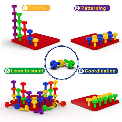Stacking Peg Board Set Toy | 30 Pegs & Board + Free Storage Bag | STEM Color Learning Sorting Matching Game Montessori Occupational Therapy Fine Motor Skills Toddlers Preschool Boys Girls - Thumbnail 6