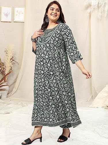 Image of MIRCHI FASHION Women's Plus Size Anarkali Rayon Ebroidery Work Kurti Only (MPK9451 - Navy Blue, Grey - 6XL)