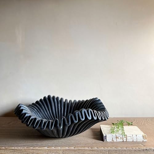 LE HOME DECOR Black Marble Ruffle Bowl (12 Inches), Large Marble Scallop Decorative Bowl, Black Fluted Catchall Table Centrepiece Decor, Fruit Bowl