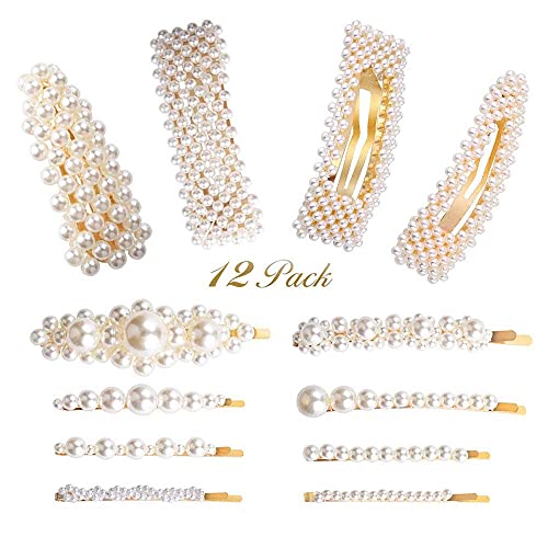 Pearl Hair Clips for Girls Women Ladies, 12pcs Pearl Barrettes/Bobby Pins/Snap Clip/Hair Slides for Prom Party Wedding, Elegant Handmade Hair Accessories,White & Gold
