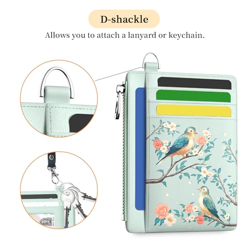 Image of Hancynir Bird Floral Flower Slim Wallet Women Credit Card Holder RFID Small | Zipper Pocket Wallet, Thin Travel Coin Purse, Ladies Women Gifts, Minimalist Card Case, 6 Card Slots, ID Window, PU Leather
