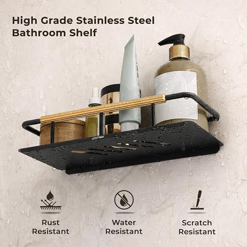 Image of Plantex Self Adhesive Bathroom Shelf /Stainless Steel Bathroom Shelf Rack /Wall Shelf for Bathroom /Bathroom Organiser Without Drill /Bathroom Accessories Set- Pack of 1 (12x5 inches, Gold & Black)