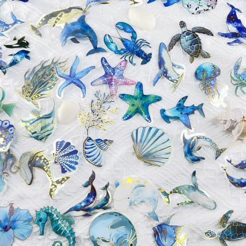 50PCS Marine Animal Stickers Aesthetic Transparent PET Sticker Gold foil printing Decal Waterproof Decorative Decals for Scrapbook DIY Crafts Album Bullet Journal Planner Water Bottles Phone (Ocean-A)