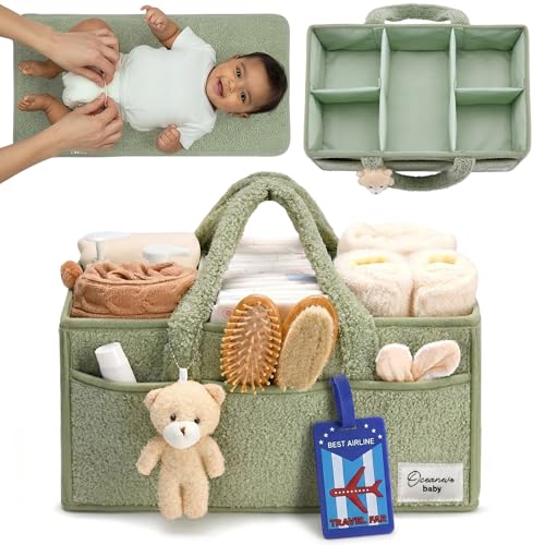 Image of OCEANEVO Fur Diaper Caddy Organizer Bag | WITH Diaper Changing Mat, Bag Charm and Luggage Tag | New Born Baby Essentials | For Mothers for Travel - 38 x 25 x 18 cm - Green - 1 Year Warranty