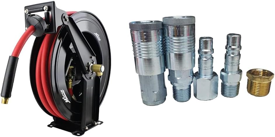 Milton 2780-50D - Steel Dual Arm Auto-Retractable Air Hose Reel, 1/2" x 50 ft. Rubber Hose - 300 Max PSI & (S-224) G-Style Coupler, Plug and Air hose Reducer Bushing Kit – 5 Pieces