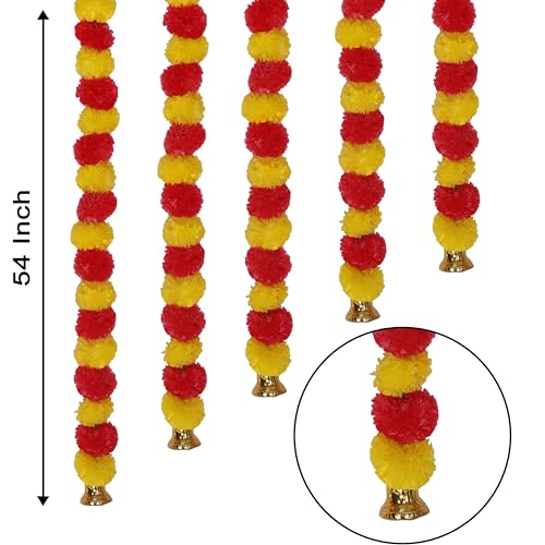 Marubhumi 5-PC Artificial Marigold Flower Garland – 4.5 Feet Long Strands with Bells | Yellow & Red | Diwali, Wedding, Home & Christmas Décor by Marubhumi - Image 2