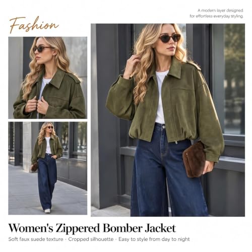 Women's Faux Suede Bomber Jacket Oversized Cropped Long Sleeve Fall Jackets - image 2
