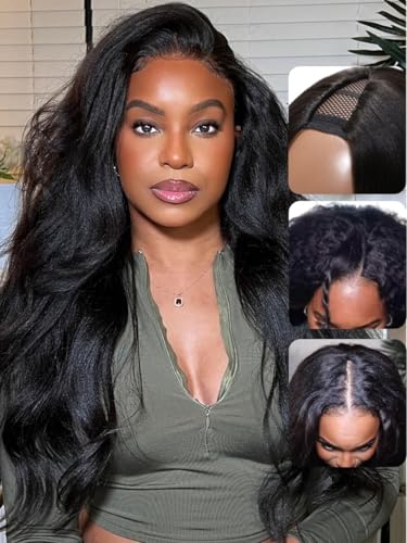 UNICE EasiContour V Part Human Hair Kinky Straight Glueless Clip in Vpart Wig Magic Leave Out Upgrade U Part Human Hair Wig Ready to Go 150% Density 16 Inch