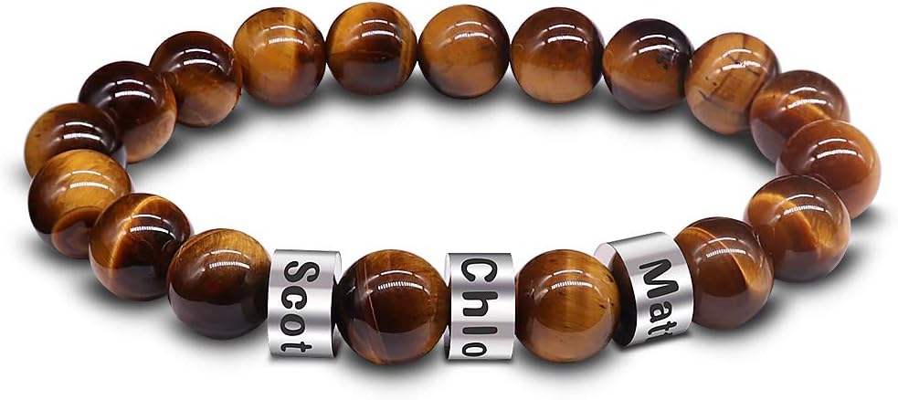 Personalized Stone Beads Bracelets for Men Lava Beads Name Bracelet Tiger Eye Bead Bracelets with Custom Name Engraved Bracelet for Fathers Day