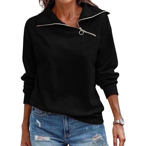 Womens Zipper Sweatshirt Turtleneck Long Sleeve Pullover Casual Loose Sweatshirts Top T Shirts Black Cover