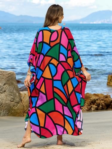 Image of IMAGEKOPE Women's Plus Size Animal Print V-Neck Batwing Kaftan Beach Dress Bathing Suit Cover-Up Loungewear