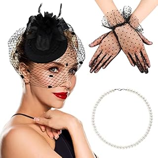 PHOGARY Feather Veil Mesh Hat, Fascinators Hat with Lace Gloves Pearl Necklace for Women Tea Party Headband Wedding Flower Cocktail Mesh Feathers Hair Clip Black