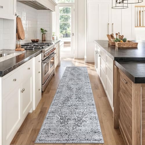 KUTA Runners for Hallways 2x8 Grey White, Vintage Floral Kitchen Rugs Non-Slip Washable Ultra Soft Printed Retro Flower Carpet Entryway Runners for Bedroom Living Room