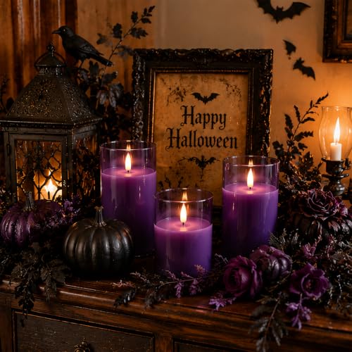 Image of Homemory Purple Glass Flameless Candles, Real Wax, Remote Timer, 2 Pack