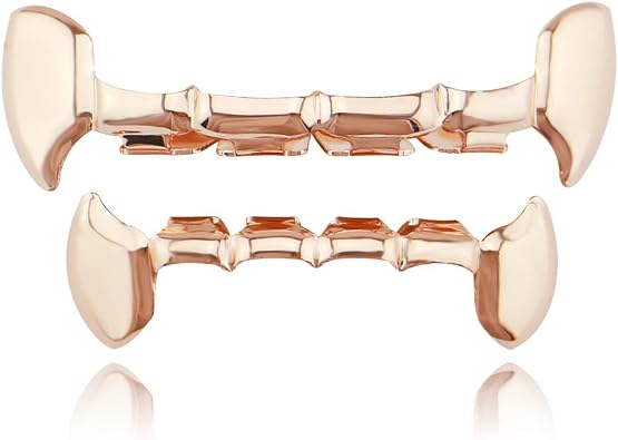 Psivika Gold Plated Shiny Hip Hop Teeth Grillz Caps Iced Out CZ Top and Bottom Vampire Fangs Grillz for Your Teeth for Men and Women