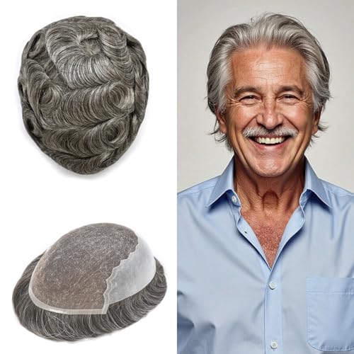 Toupee for Men Hair Replacement Systems Swiss Lace Front Mens Toupee Bleached Knot Natural Human Hair Piece (270# Darkest Brown with 70% Synthetic Grey, 7x9-90% Light Density)