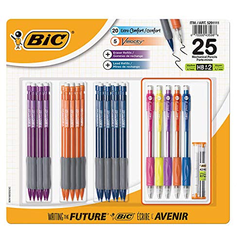 BiC Mechanical Pencils | Pack of 20 Extra Comfort Pencils + 5 Velocity Pencils | 12 Refill Loads + 5 Refill Erasers | Multi Color | Comfortable Grip