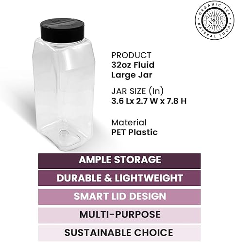 Miniatura 3 de Pride Of India - Tarros grandes de plástico transparente con tapa de doble tamiz  Grado alimenticio sin BPA fabricado en Estados Unidos  Capacidad