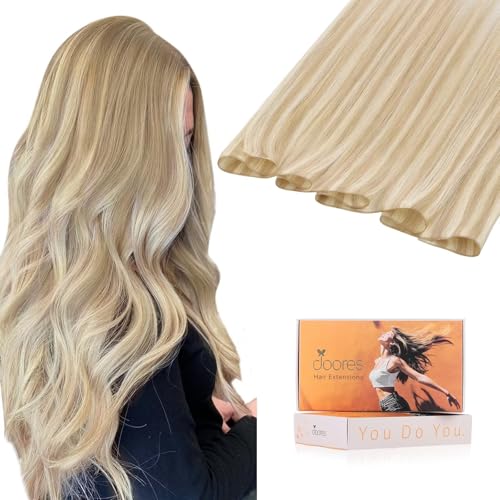 Image of DOORES Weft Hair Extensions for Women, 20 Inch Dark Blonde Highlighted Bleach Blonde 60g, Sew in Genius Extensions for Women Virgin Hair