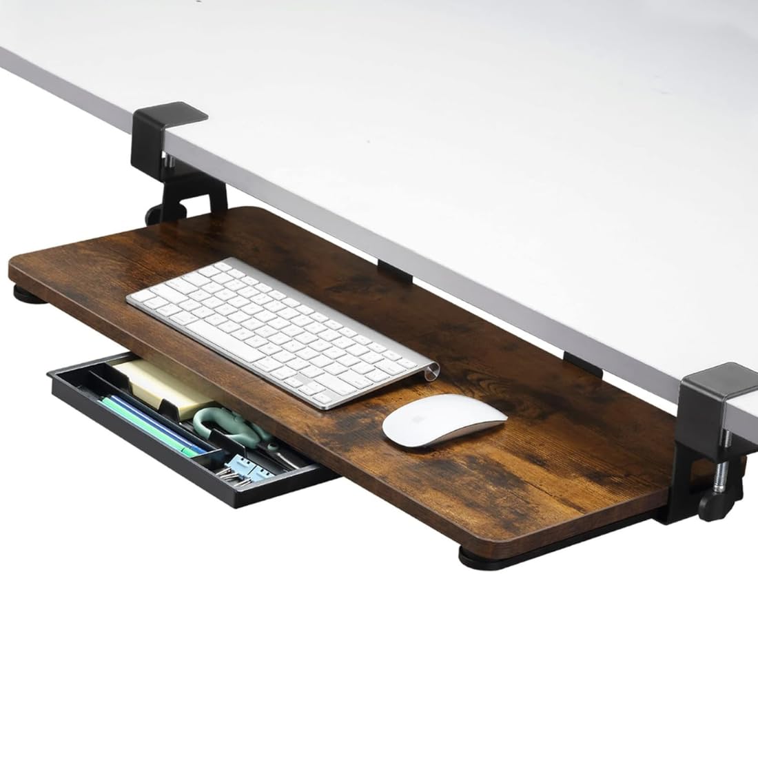 Spacetronik Tastaturablage Untertisch Ausziehbar 68x30 cm, Stabile Tastaturauszug Untertischmontage mit C Klemme, Ergonomischer Tastaturschublade für Schreibtisch, Belastbar bis 5kg, Dunkles Holz