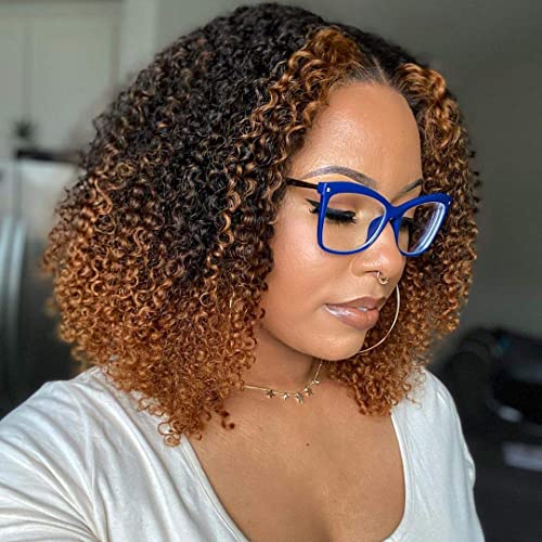 Ombre Kinky Curly Lace Front Wig Human Hair Short Curly 13x4 T Part Lace Frontal Wig 1B/30 Pre Plucked with Baby Hair Remy Hair For Black Women (1B/30,T Lace, 10Inch 150% Density)