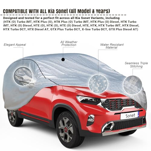 Image of Pivalo Car Cover for Kia Sonet All Model & Years (2020-2024) 100% Waterproof with Mirror Pockets, Triple Stitched Bottom Elastic Dustproof Full Body Protection (Heat & UV Resistant, Silver)
