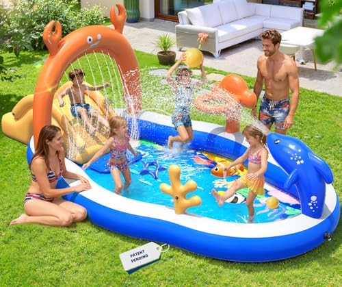 StarOcean 2026 Large Inflatable Play Center,Kiddie Pool with Water Slide&Sprinkler,120''x70'x50''Inflatable Toddler Pool with Slide,BlowUp Water Play for Toldder,Inflatable Water Park for Kid Backyard