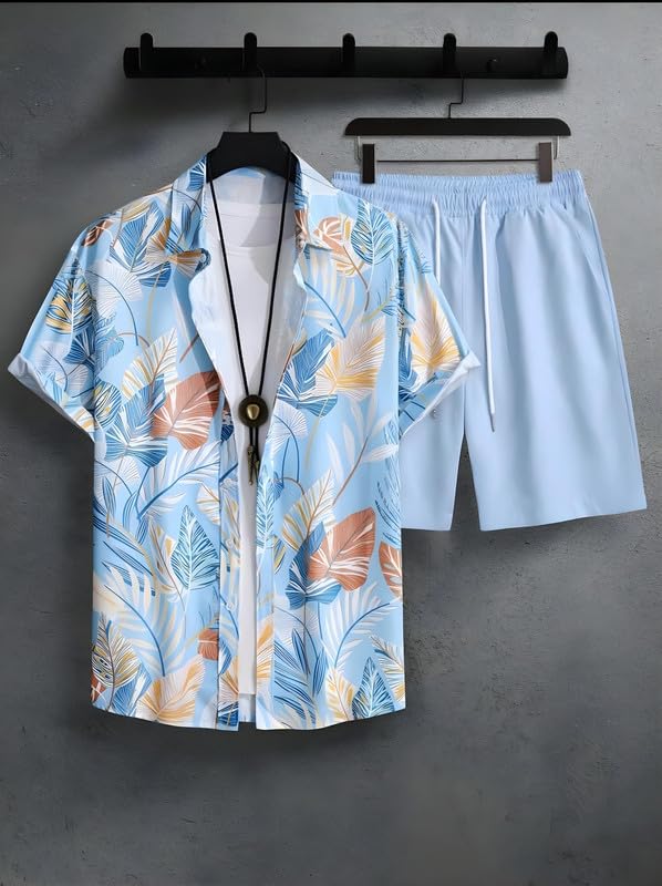 Image of Men's Printed Co-Ord Set | Plus Size Casual Shirt & Shorts Set | Nightwear Pajama Suit, Loungewear, Beachwear & Vacation Outfit Design No Shirt-Short Set10-Parent