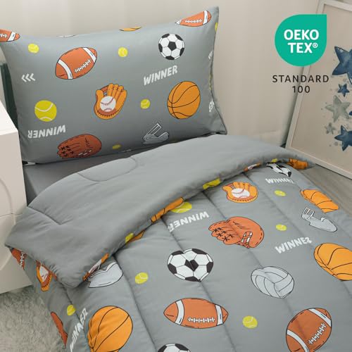 Image of david's kids 4 Piece Toddler Bedding Set - Soft Breathable Toddler Bedding Set for Boys Girls, Includes Quilted Comforter, Flat Sheet, Fitted Sheet and Pillowcase, Sports