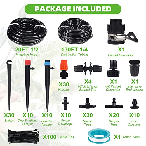Drip Irrigation Kit For Garden, 150Ft/50M Watering System With Adjustable Nozzles, Distribution Tubing Hose, Automatic Mist Cooling For Outdoor Lawn, Patio To Save Water & Time #TOP1