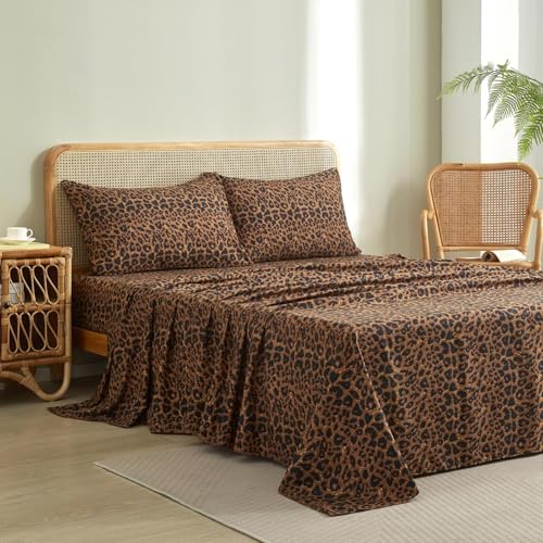 LifeTB Leopard Sheets Set 4 Piece Brown Leopard Cheetah Printed Queen Bed Sheets Farmhouse Animal Print Cooling Sheets Set Easy Care Breathable Soft Microfiber Bedding Sheets with 16 Deep Pocket
