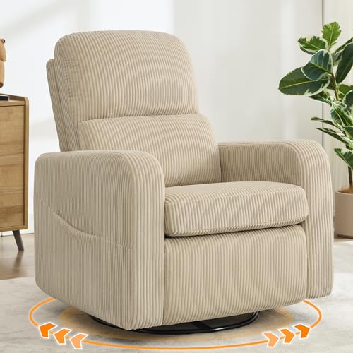 Image of Swivel Rocker Recliner, Oversized Manual Nursery Glider Rocking Recliner Chair with Removable Cushion, Upholstered Corduroy Swivel Reclining Chair for Nursery Living Room Bedroom, Camel