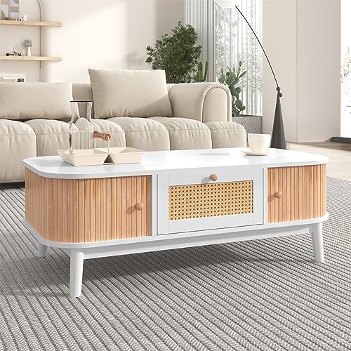 Sweiko Table basse en rotin blanc avec tiroirs en rotin et portes coulissantes avec lattes en bois massif, pieds en bois massif, 110 x 55 x 38,5 cm (L x l x H)