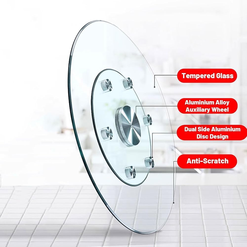 Grande Vassoio Girevole Rotondo in Vetro Resistente Lazy Susan, con Sistema di Assistenza Silenzioso Girevole, Piatto da Portata, Rotazione fluida, centrotavola Girevole in Vetro (Dimensioni
