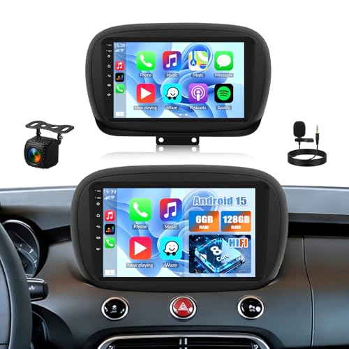 GOHHDL Autoradio Android 15 Plug-and-Play – Impianto stereo touchscreen Carplay 2-DIN, compatibile con la FIAT 500X degli anni di produzione 2014, 2015, 2016, 2017, 2018, 2019 e 2020. Dotata dell'ultimo sistema Android 15 e di 6 GB di RAM + 128 GB di memoria per un funzionamento fluido