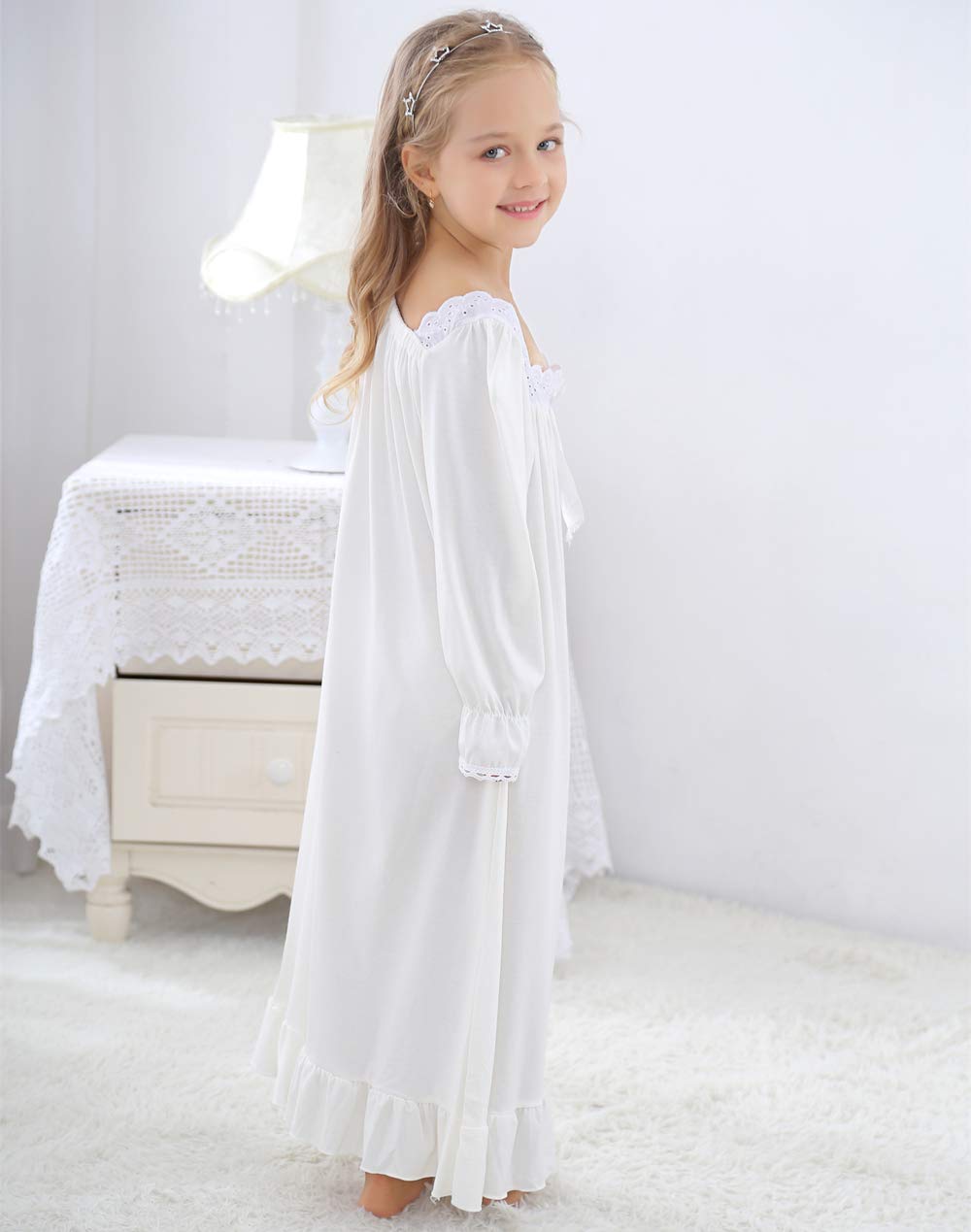 Chemise de Nuit Pyjama pour Fille 3-13ans Robe de Nuit à Manches Longues en Dentelle en Coton pour Enfant