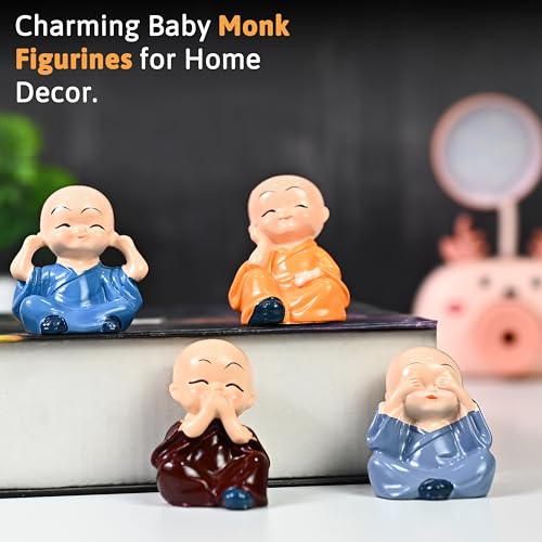 Image of HindCraft Mini Monk Figurines Set of 4 - See No Evil, Hear No Evil, Speak No Evil, Think No Evil Statues - Cute Ceramic Monk Ornaments for Home, Office, Meditation Festive Decor