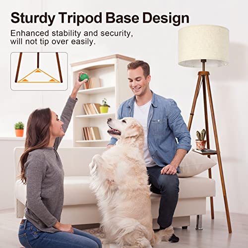 Mid Century LED Tripod Floor Lamp with Shelves and Remote Control, Beige Linen Shade for Living Room, Bedroom, or Office
