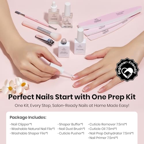 Image of Beetles Nail Prep Kit Nail Dehydrator and Primer Cuticle Oil Cuticle Remover 4PCS 7.5ML Nails Care Tool Kit with Cuticles Pusher Nails Files Clippers Dust Brush 6PCS Manicure Tools for Gel Polish