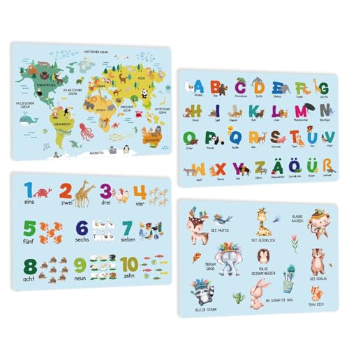 4er Set Tiere Lern Tischset Abwaschbar Kinder - Weltkarte Platzsets Schule - Deutsch ABC Platzdeckchen - Alphabet Zahlen und Affirmations mit Tier - rutschfest - Lernen Tischunterlage - DIN A3