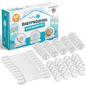 Booboo (60 Pack) Child Safety Baby Proofing Kit | x10 Cabinet Drawer Locks, x20 Corner Guards, x30 Outlet Covers | Baby Proof Your Home & Kitchen with No Trapped Fingers | No Tools Needed