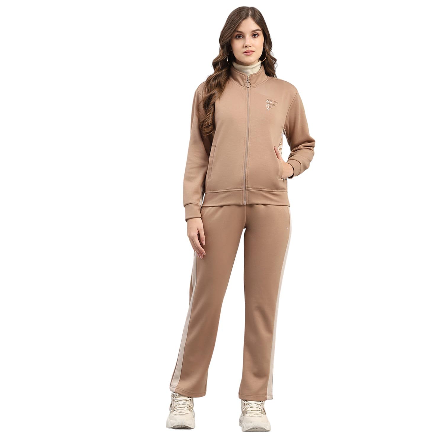 Monte Carlo Womens Regular Fit Printed Mock Collar Full Sleeve Winter Tracksuit Sportswear Set with Jacket and Lower | Comfortable Activewear for Gym Running & Training (Pack Of 1)