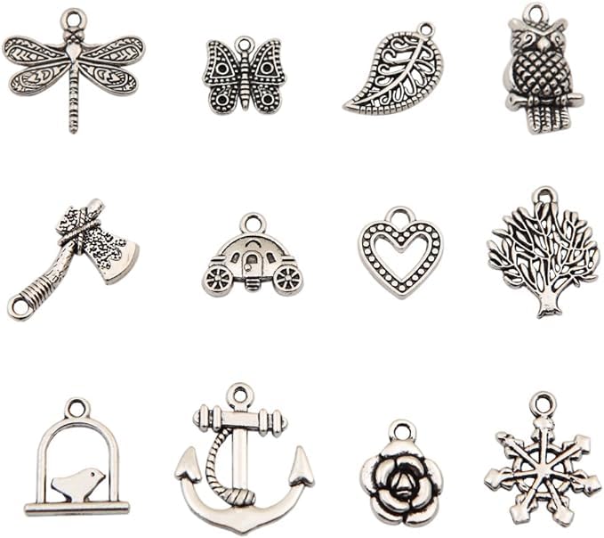 Wholesale Bulk Lots DIY Mixed Smooth Tibetan Silver Metal Charms Pendants for Women Keychain Necklace Bracelet Earrings Jewelry Making Findings and Crafting, 20 Pcs, Silver, MultiDesign.