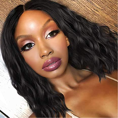 MowigLux Short Wavy Bob Wigs for Women Synthetic Lace Wigs Shoulder Length Middle Part Bob Daily Wear Wigs 1B Color