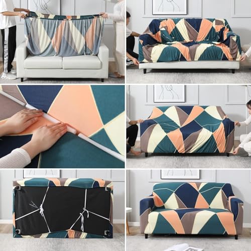 Image of HOKIPO Elastic Stretchable Universal Sofa Cover 1 Seater, Green Peach Abstarct (NEW2-AR-4093-D14)