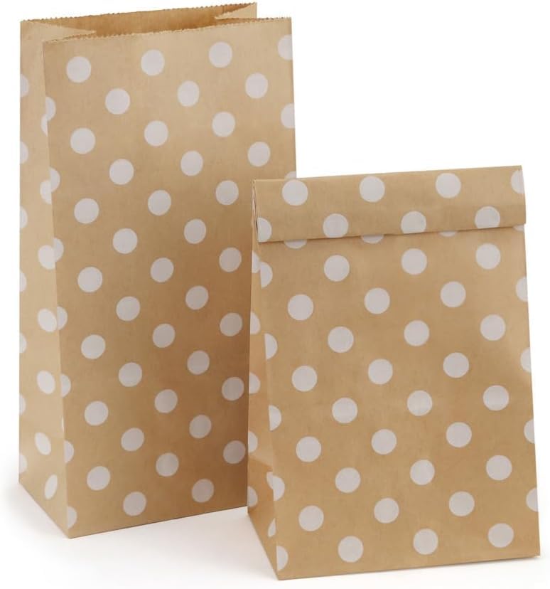 Eupako 100 Pcs White Dot Kraft Paper Bags 13x8x24cm Paper Party Bags Lunch Cake Snack Cookie Bread Sandwiches Takeaway Bag Bulk Small Gift Bags 4lb