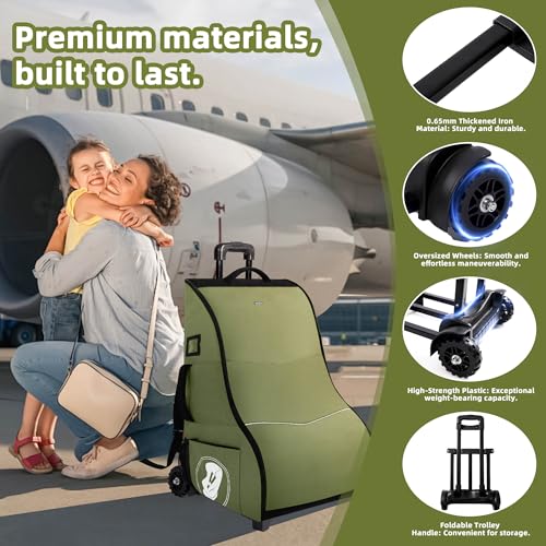 Image of Car Seat Travel Bag with Wheels for Airplane, Waterproof Padded Car Seat Carrier Backpack for Airport, Fits Infant & Convertible Seats，Green