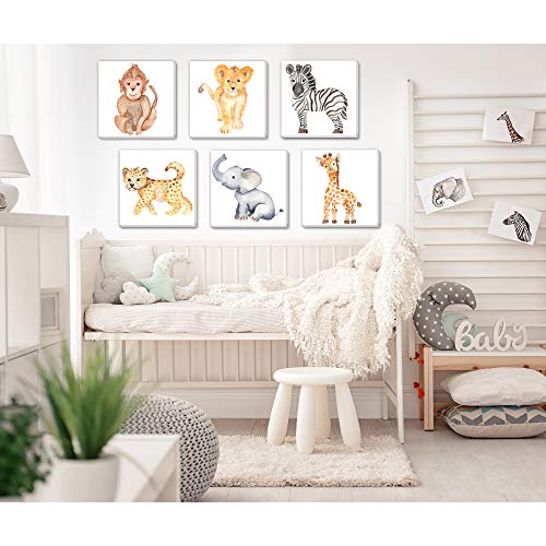 TEXTURE-OF-DREAMS-Watercolor-Cute-Baby-Africa-Jungle-Animals-Print-on-Canvas-Wall-Art-Lion-Monkey-Elephant-Giraffe-Leopard-Zebra-Safari-Wild-Animals-Nursery-Boy-Room-Decor-6-Pack-10-x-10