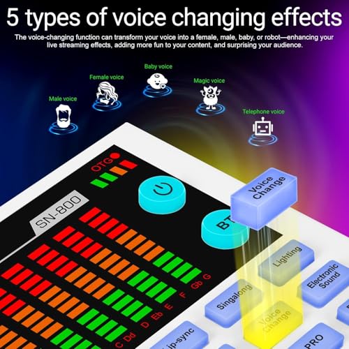 Image of Xclamor SN800 Gaming Sound Card & Audio Mixer - 48V Audio Interface with Bluetooth,16-Level Noise Reduction, Voice Changer, 12 Sound Effects, OTG, 4000mAh Battery for Live Streaming, Recording