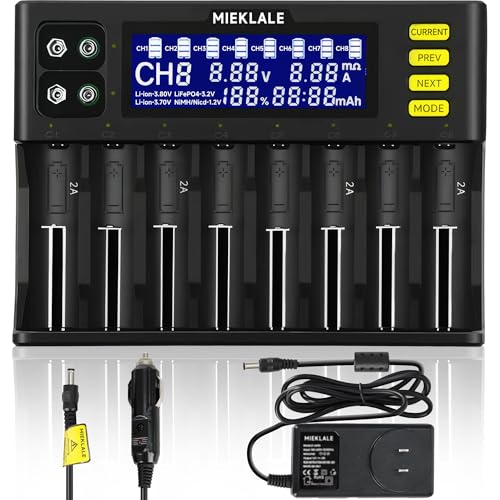 18650 Battery Charger, MIEKLALE 8+2 Bays Smart Universal Battery Charger with LCD Display for Rechargeable Batteries Li-ion LiFePO4 RCR123 16340 26650 10440 14500 & 9V, NiMH NiCd AAA AA(8+2Slots)